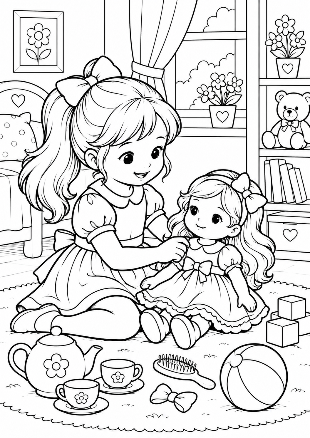 Раскраска Девочка играет с куклой