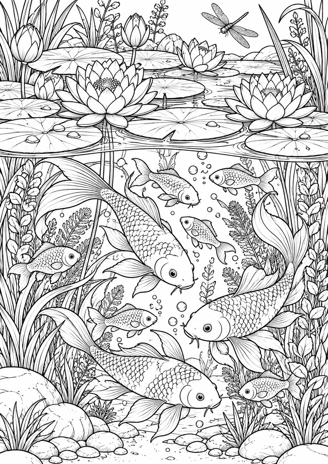 Раскраска Рыбы в пруду